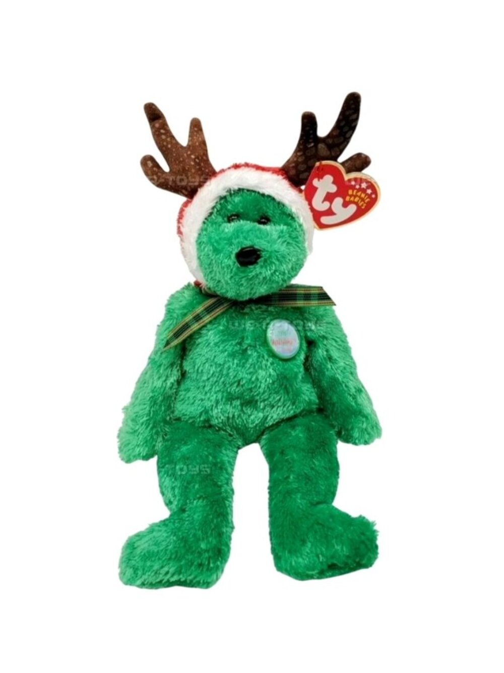 Ty Beanie Babies 2002 Holiday Teddy Bear Plush Antlers Santa Hat Festive Retired